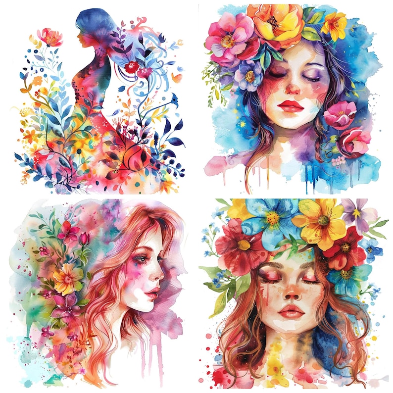 May include: Four watercolor paintings of women with flowers in their hair. Each painting features a different woman with a unique floral arrangement. The paintings are done in a soft, romantic style.