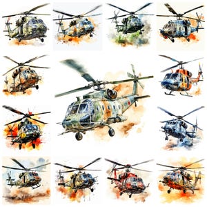 May include: A collection of watercolour paintings depicting military helicopters. The images showcase different aircraft designs, each with a unique colour scheme and artistic style. The paintings highlight the helicopters in flight, with a focus on detail.