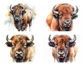 18 American Bison PNG Clipart Bundle, Watercolor Buffalo Wall Art Poster Download, Wild Bison Animal Portrait Illustration, Commercial Use
