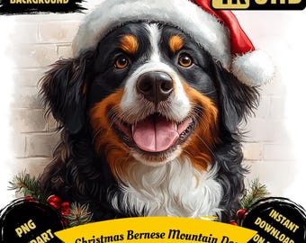 Op de afbeelding: Een Berner Sennenhond die een rode kerstmanmuts draagt met een witte rand. De hond glimlacht en heeft een rode tong die uitsteekt. De hond is omringd door groene dennentakken en rode bessen. De tekst "Christmas Bernese Mountain Dog" is in geel op een zwarte achtergrond geschreven.