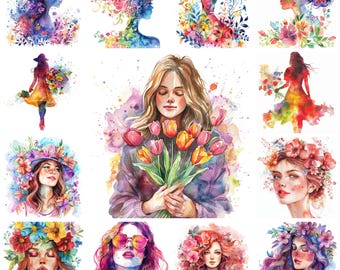 Paquete de 32 imágenes prediseñadas PNG del Día de la Mujer, arte digital internacional de acuarela para mujeres, descarga instantánea, ilustración de manualidades de papel, uso comercial