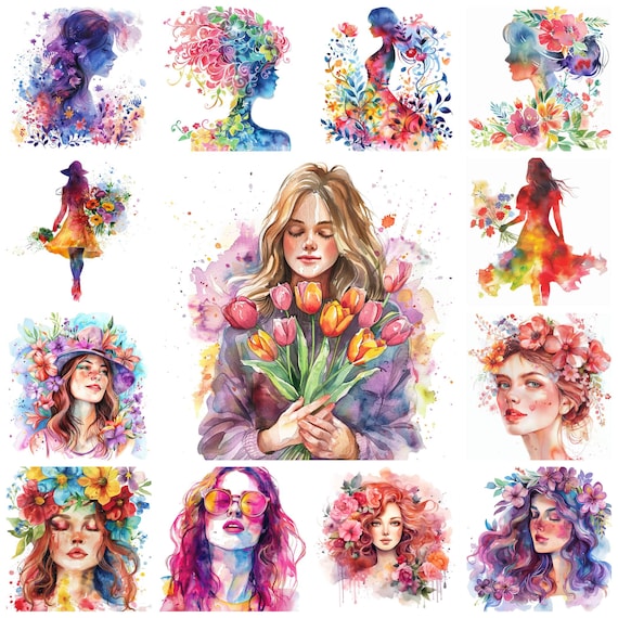 32 Women's Day PNG Clipart Bundle, Watercolor International Women Digital Art Instant Download, Paper Craft Illustration, Commercial Use