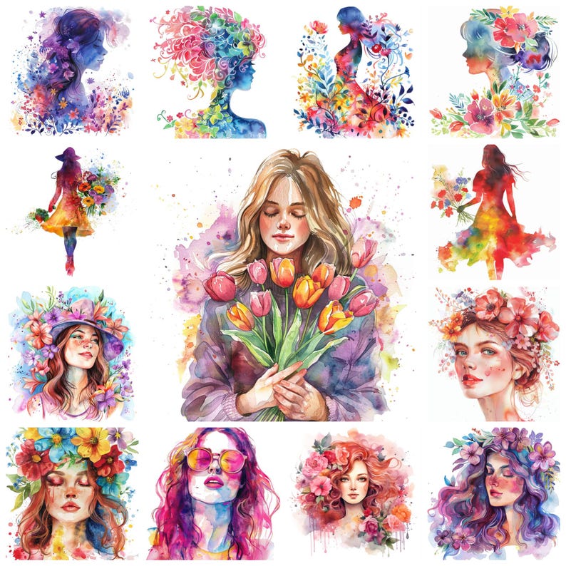 May include: A collection of watercolor paintings featuring women with floral elements. The paintings are in a variety of colors, including pink, blue, green, and yellow. The women are depicted with long hair and flowing dresses. The flowers are arranged in bouquets and wreaths.