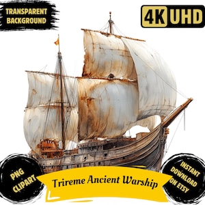 Trireme navire de guerre antique PNG Clipart Bundle, aquarelle grec/romain vintage Trireme navire de guerre antique maison Wall Art Illustration usage Commercial