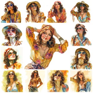 Ensemble de cliparts PNG Style femme vintage des années 70, 80, téléchargement immédiat d'art numérique femme rétro aquarelle, illustration pour créations artisanales en papier, usage Commercial