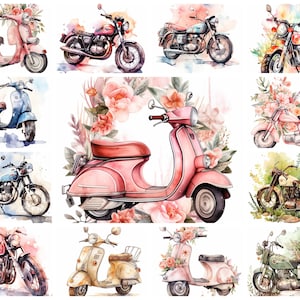 37 ビンテージ バイク JPG クリップアート バンドル、水彩レトロ バイク PNG アート インスタント ダウンロード、ペーパー クラフト イラスト、商用利用