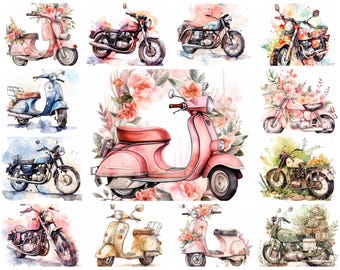 37 Vintage Motorbike JPG Clipart Bundle, Watercolor Retro Motorbike PNG Art Instant Download, Paper Craft Illustration, Commercial Use