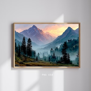 Impresión artística de pared con paisaje sereno de montaña 2 PNG, póster digital de acuarela con luz dorada, obra de arte paisajística, decoración del hogar en lienzo