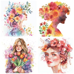 May include: Four watercolor paintings of women with floral elements. The first painting shows a woman with a crown of flowers on her head, the second shows a woman's silhouette with flowers in her hair, the third shows a woman holding a bouquet of tulips, and the fourth shows a woman with a crown of flowers on her head.