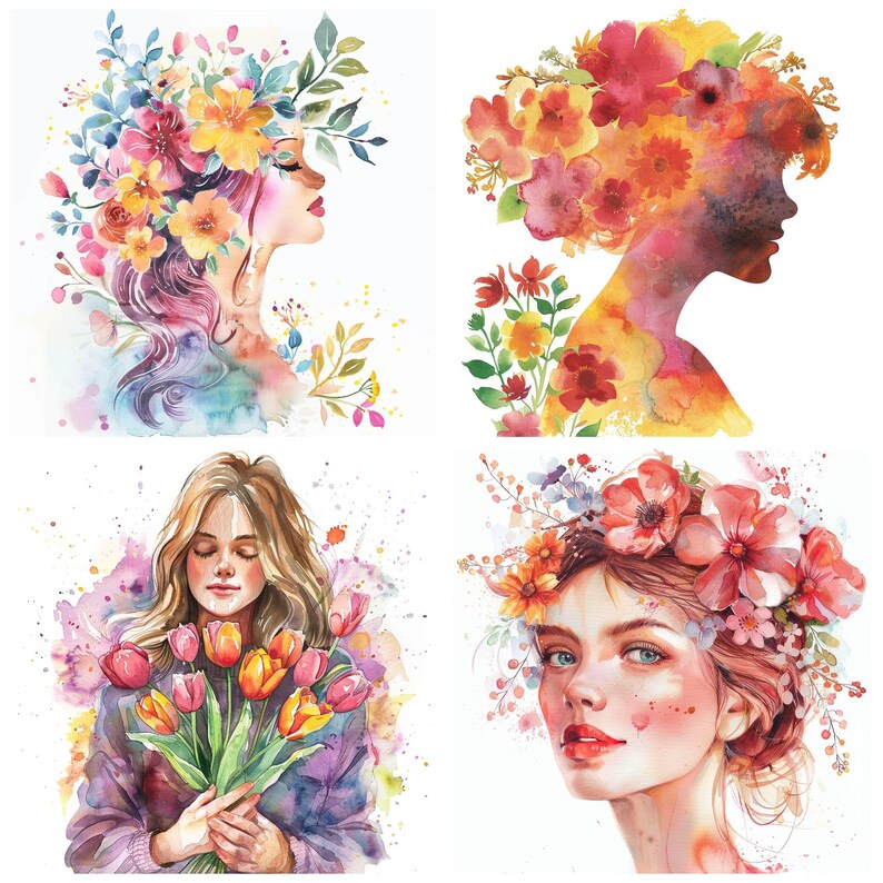 May include: Four watercolor paintings of women with floral elements. The first painting shows a woman with a crown of flowers on her head, the second shows a woman's silhouette with flowers in her hair, the third shows a woman holding a bouquet of tulips, and the fourth shows a woman with a crown of flowers on her head.