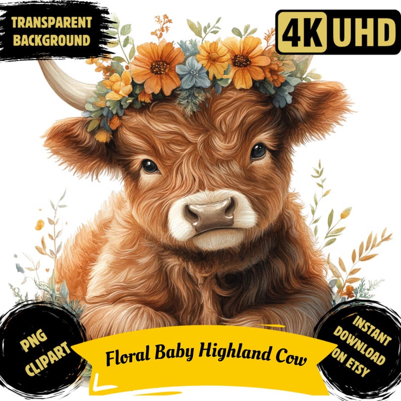 Floral Baby Highland Cow PNG Clipart Bundle, Watercolor Animal ...