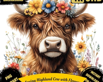 Spring Highland Cow with Flowers PNG Clipart Bundle, Watercolor Floral Scottish Cow Illustration, T-Shirt Mug Printable Art Commercial Use