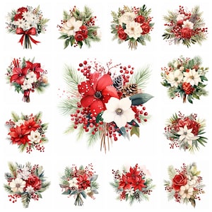 Pacote com 26 cliparts de buquês de flores de Natal em PNG, design de camiseta com flores de Natal em aquarela, ilustração de buquê festivo, uso comercial