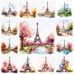 41 Tour Eiffel PNG Clipart Bundle, aquarelle Paris Tour Eiffel Street Art Street Art téléchargement immédiat, Illustration d'artisanat en papier, usage Commercial