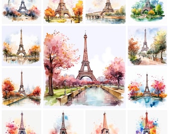 41 Eiffel Tower PNG Clipart Bundle, Watercolor Paris Eiffel Tower Street Art Instant Download, Paper Craft Illustration, Commercial Use