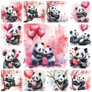 22 Valentines Panda JPG Clipart Bundle, Watercolor Panda Lover PNG Digital Art Instant Download, Paper Craft Illustration, Commercial Use
