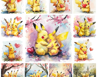 Valentines Day Pikachu JPG Clipart Bundle, Watercolor Pikachu PNG Digital Art Instant Download, Paper Craft Illustration, Commercial Use