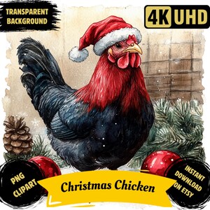 Pollo navideño PNG clipart imprimible, sublimación de pollo navideño en acuarela, imagen de ilustración de pollo festivo, uso comercial