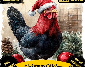 Christmas Chicken PNG Printable Clipart, Watercolor Xmas Chicken Sublimation, Festive Chicken Illustration Image, Commercial Use