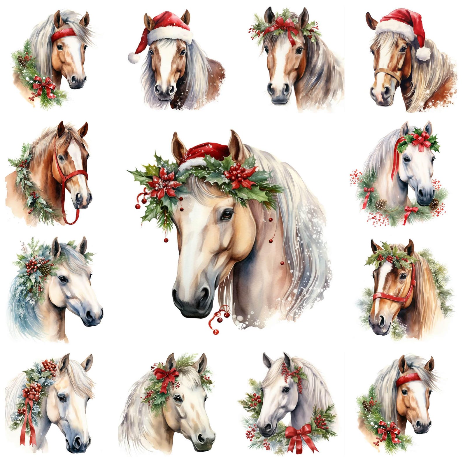 30 Christmas Horse PNG Clipart Bundle, Watercolor Festive Pony Images ...