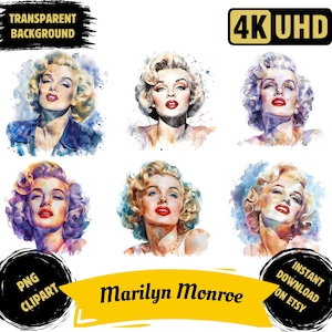 Paquete de 5 imágenes prediseñadas de Marilyn Monroe PNG, imágenes de la estrella de cine Monroe en acuarela, icono de Hollywood Marilyn Monroe, sublimación digital, manualidades de papel