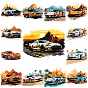 37 マッスルスポーツカー PNG クリップアート、水彩画のレジェンドアート カート T シャツ デザイン、高性能 V8 エンジン車のイラスト、商用利用