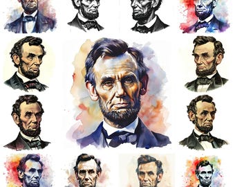 23 Abraham Lincoln PNG Clipart Bundle, akwarela Civil War Leader Lincoln Digital Art Instant Download, ilustracja papierowa, wykorzystanie komercyjne