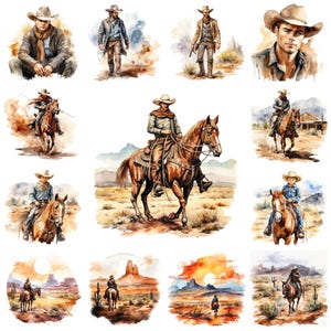 31 Cowboy PNG Clipart Bundle, Aquarell Western Digital Art JPEG Sofort-Download, Rodeo Wilder Westen Papier Handwerk Illustration, kommerzielle Nutzung