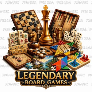 Peut inclure: Une collection de divers jeux de société incluant un roi d'échecs doré, des dames, du backgammon, des dominos, des tuiles de mah-jong, des tuiles de mots GAME WORD, un plateau en étoile et un puzzle, avec le texte LEGENDARY BOARD GAMES.