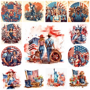 Könnte beinhalten: Eine Sammlung von 10 digitalen Illustrationen mit der amerikanischen Flagge und patriotischen Motiven. Die Illustrationen zeigen eine Gruppe von Menschen, die die Flagge halten, ein Paar, das vor einem Traktor steht, eine Frau, die einen Blumenstrauß hält, und einen Mann, der eine Flagge hält. Die Illustrationen sind im Aquarellstil gehalten und zeigen eine Vielzahl von Farben, darunter Rot, Weiß, Blau und Grün.