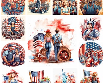 56 Labor Day PNG Clipart Bundle, Watercolor Workers' Day Wall Art Poster Download, Happy Labor Day  Illustration, Commercial Use