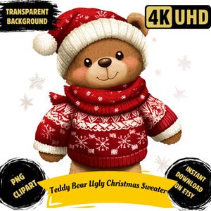 Maglione brutto orsacchiotto di Natale PNG Clipart stampabile, Sublimazione acquerello orsacchiotto, Carte regalo maglione orso festivo, Uso commerciale