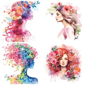 May include: Four watercolor paintings of women with flowers in their hair. Each painting features a different woman with a unique hairstyle and floral arrangement. The paintings are done in a soft, romantic style and are perfect for adding a touch of elegance to any home.