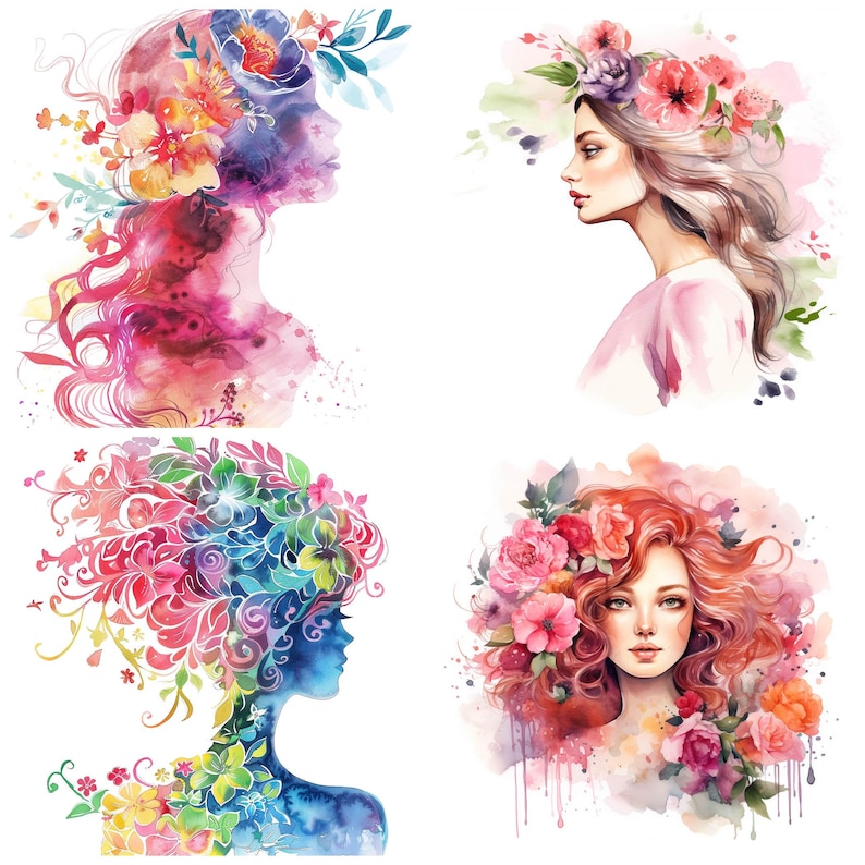 May include: Four watercolor paintings of women with flowers in their hair. Each painting features a different woman with a unique hairstyle and floral arrangement. The paintings are done in a soft, romantic style and are perfect for adding a touch of elegance to any home.
