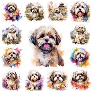 35 Lhasa Apso Dog Breed PNG Clipart Bundle, Watercolor Pet Portrait JPEG Instant Download, Paper Craft Illustration, Commercial Use