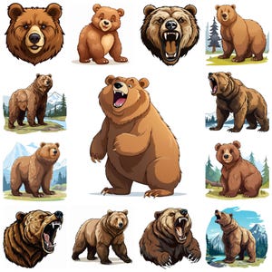 Cartoon Grizzly Bear JPG Clipart Bundle, Watercolor Grizzly Bear Digital Art Instant Download Image Paper Craft Illustration, Commercial Use