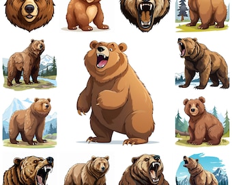 Cartoon Grizzly Bear JPG Clipart Bundle, Watercolor Grizzly Bear Digital Art Instant Download Image Paper Craft Illustration, Commercial Use