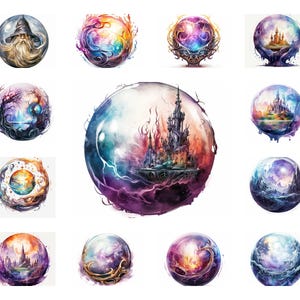 May include: A collection of twelve watercolor orbs, each depicting a unique fantasy scene. The orbs feature wizards, castles, and swirling cosmic elements in vibrant colors like purple, blue, and orange. The overall theme is magical and mystical.