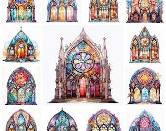 24 Glasmalereien PNG Clipart Bundle, Aquarell farbiges Kathedralen Glas Wand Kunst Poster, religiöse Mosaik Kunst Illustration