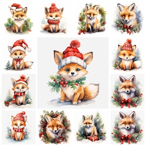 Bundle de 32 cliparts PNG Noël renard, Images aquarelles de Fox POD festif, Illustration d'artisanat en papier Noël Animlas, utilisation commerciale / licence