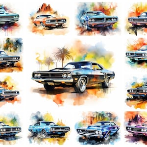 Könnte beinhalten: Aquarellmalereien klassischer Muscle Cars in verschiedenen Farben, darunter Blau, Orange und Lila. Jedes Auto wird mit künstlerischen Pinselstrichen vor einem farbenfrohen, abstrakten Hintergrund dargestellt.