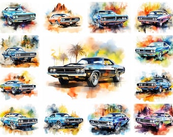 36 Mopar Muskelauto PNG Clipart Bündel, Aquarell Mopar Liebhaber Bilder, Mopar Sportwagen Landschaft T-Shirt Design, legendäres Auto, kommerzielle Nutzung