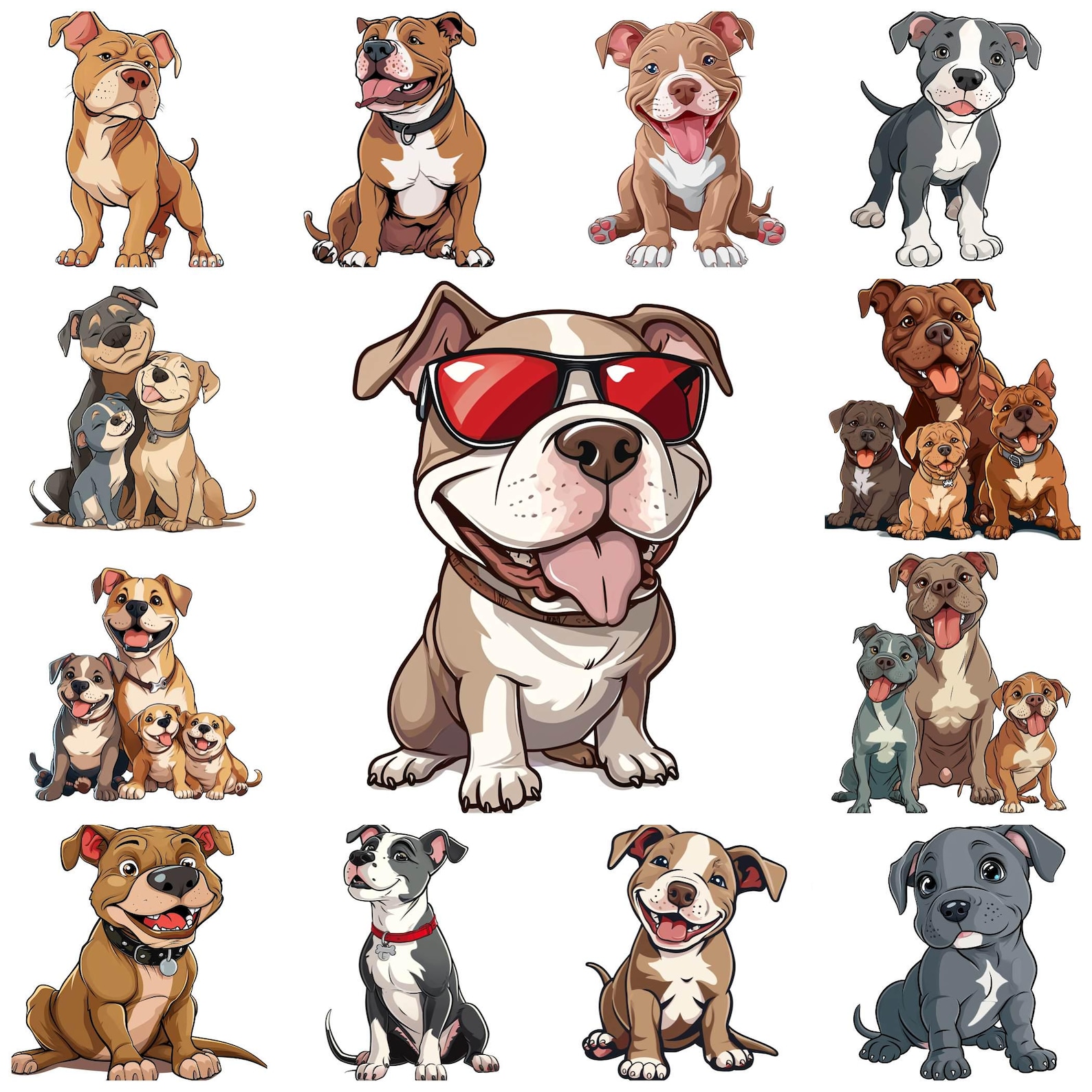 34 Cartoon Pitbull JPG Clipart Bundle, Watercolor Funny Pitbull PNG
