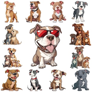 Lot de 34 cliparts JPG dessin animé Pitbull, aquarelle Pitbull drôle PNG, téléchargement immédiat d'art numérique, illustration pour créations artisanales en papier, usage Commercial