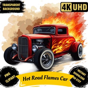 Hot Rod Flames Car PNG Clipart stampabile, Acquerello Vintage Fire Car, Immagini Classic Flames Car, Monster Hotrod Photography, Uso commerciale