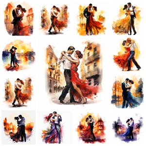 33 タンゴ ダンス PNG クリップアート バンドル、水彩タンゴ カップル デジタル アート JPEG インスタント ダウンロード、アルゼンチン タンゴ イラスト、商用利用