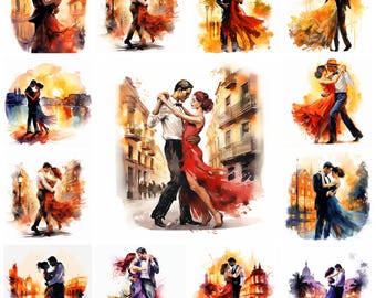 33 Tango Dancing PNG Clipart Bundle, Watercolor Tango Couple Digital Art JPEG Instant Download, Argentine Tango Illustration, Commercial Use