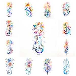 38 Trable Clef PNG Clipart Bundle, Watercolor Abstract G Clef Digital Art JPEG Instant Download, Music Note Illustration, Commercial Use