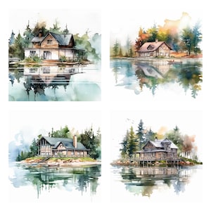 15 Lake House landschap PNG clipartbundel, aquarel Waterfront Home Wall Art Instant Download, Paper Craft illustratie, commercieel gebruik