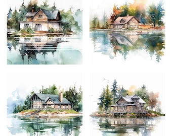 15 Lake House Landscape PNG Clipart Bundle, Watercolor Waterfront Home Wall Art Instant Download, Paper Craft Illustration, Commercial Use